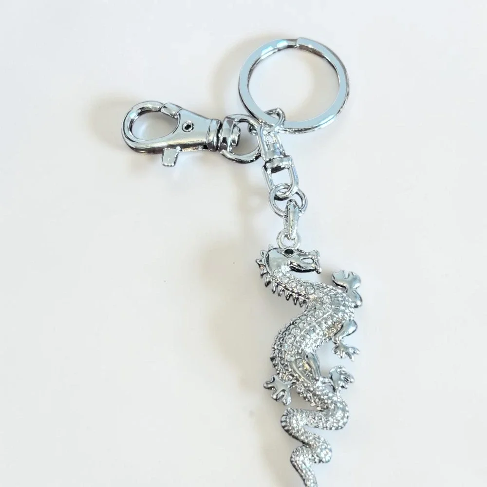 Silver Tone Dragon Keychain Rhinestone Crystal Bag Charm Lobster Clasp Accessory